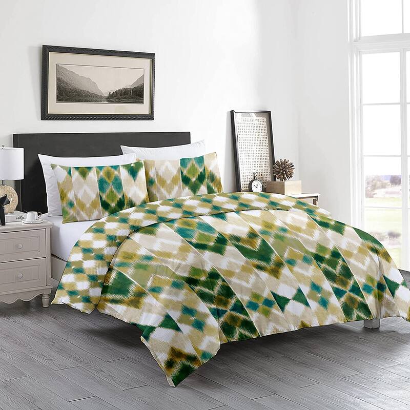 Delara GOTS Certified 100% Organic Cotton Aztec Reversible Print Duvet Cover and Sham Set of 2, Green