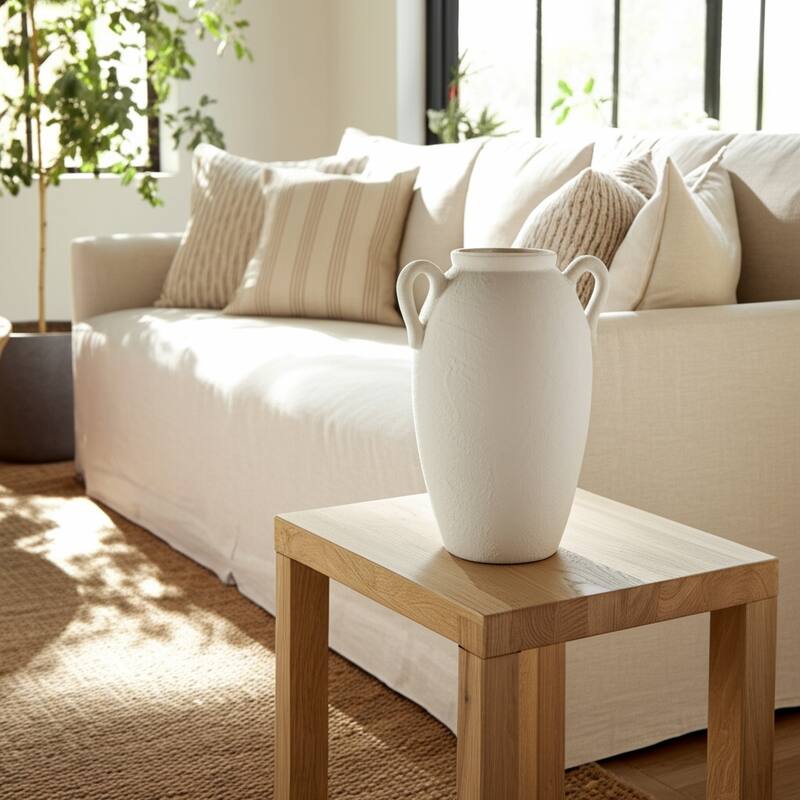 Neutral Ceramic Textured Amphora Jug with Handles Vase - White