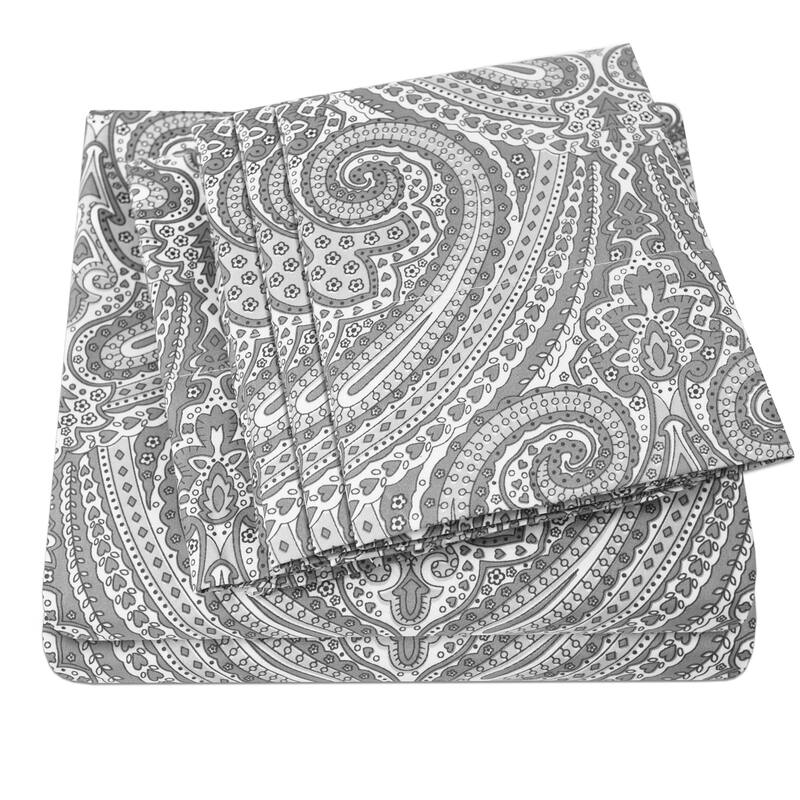 6 Piece Paisley Print Bedroom Bed Sheet Set- Grey