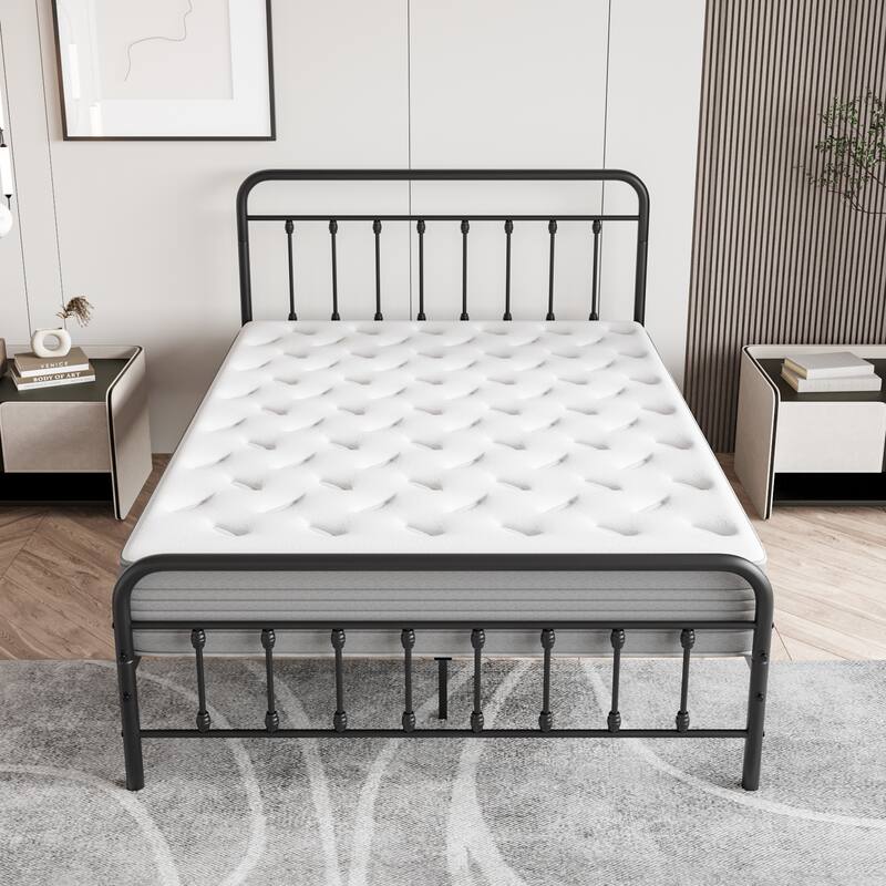 Victorian Style Metal Platform Bed Frame with Iron-Art Headboard Footboard, Under Bed Storage, No Box Spring Needed, Noise Free