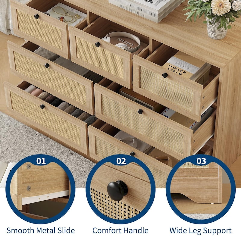 Rattan 7 Drawer Dresser for Bedroom, Farmhouse Modern Dressers & Chests