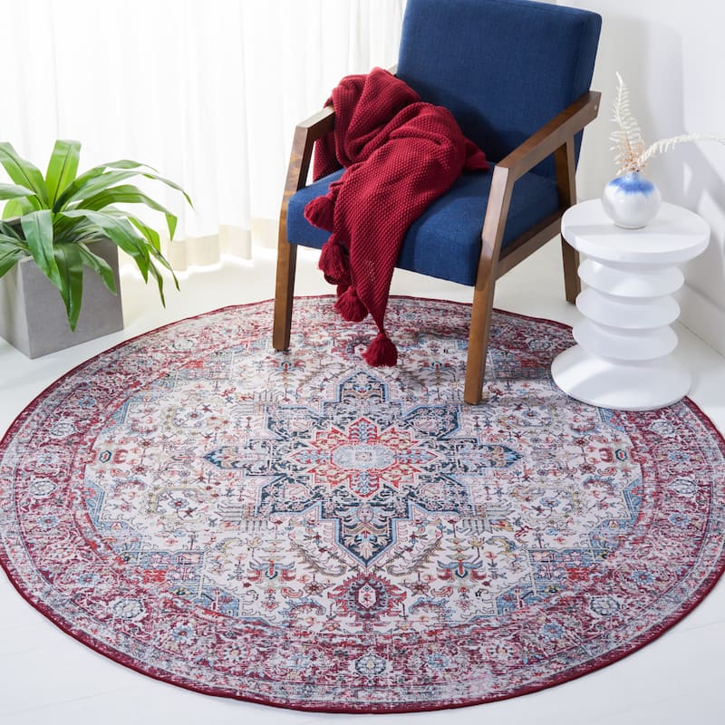 SAFAVIEH Tucson Machine Washable Slip Resistant Iris Oriental Medallion - 6' x 6' Round - Ivory/Red - Round