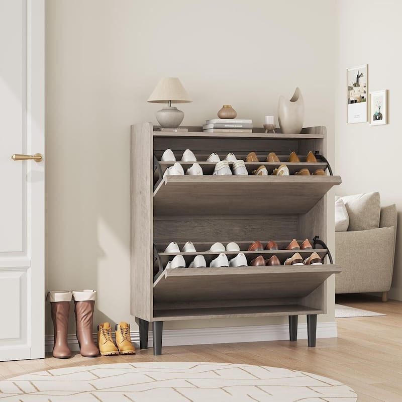 Narrow Shoe Cabinet Organizer with 2 Flip Drawers for Entryway, Hallway, Living Room