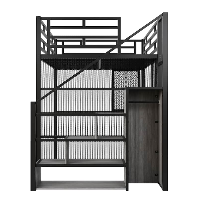 Black Full Size Metal Loft Bed with Wardrobe, Desk, and Storage Shelves