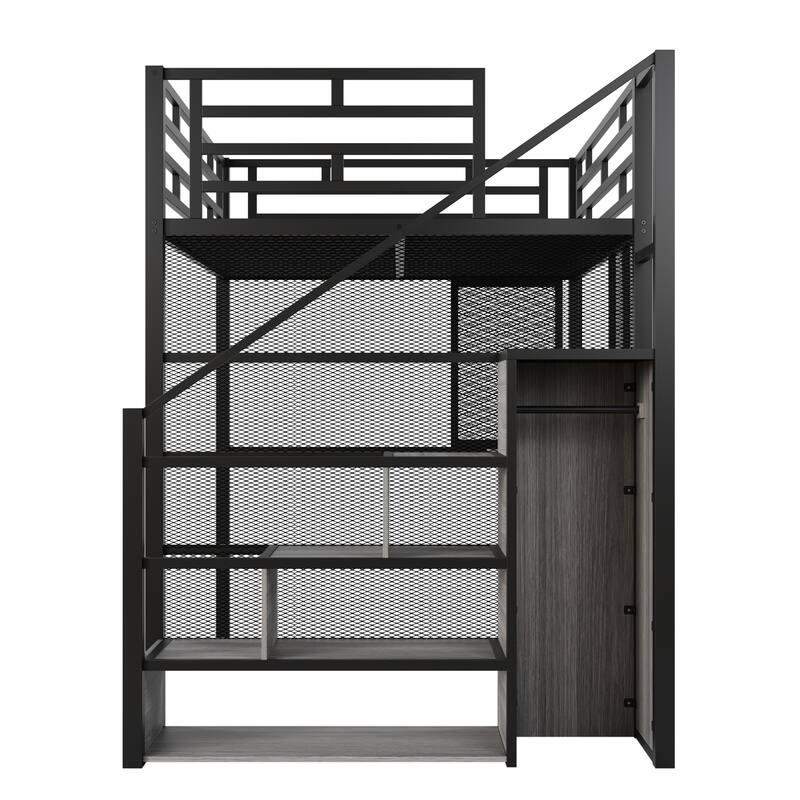 Versatile Full Loft Bed with Desk and Wardrobe, Ideal for Small Rooms and Study Areas