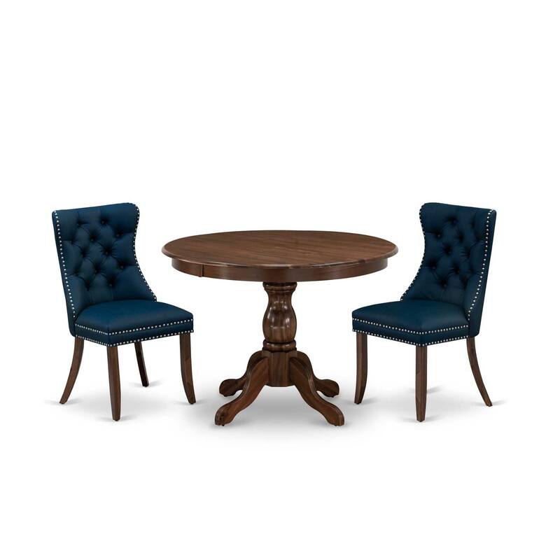 3-Piece Antique Walnut Finish Solid Wood Top-Round Upholstered Dining Room Set-Seats 4