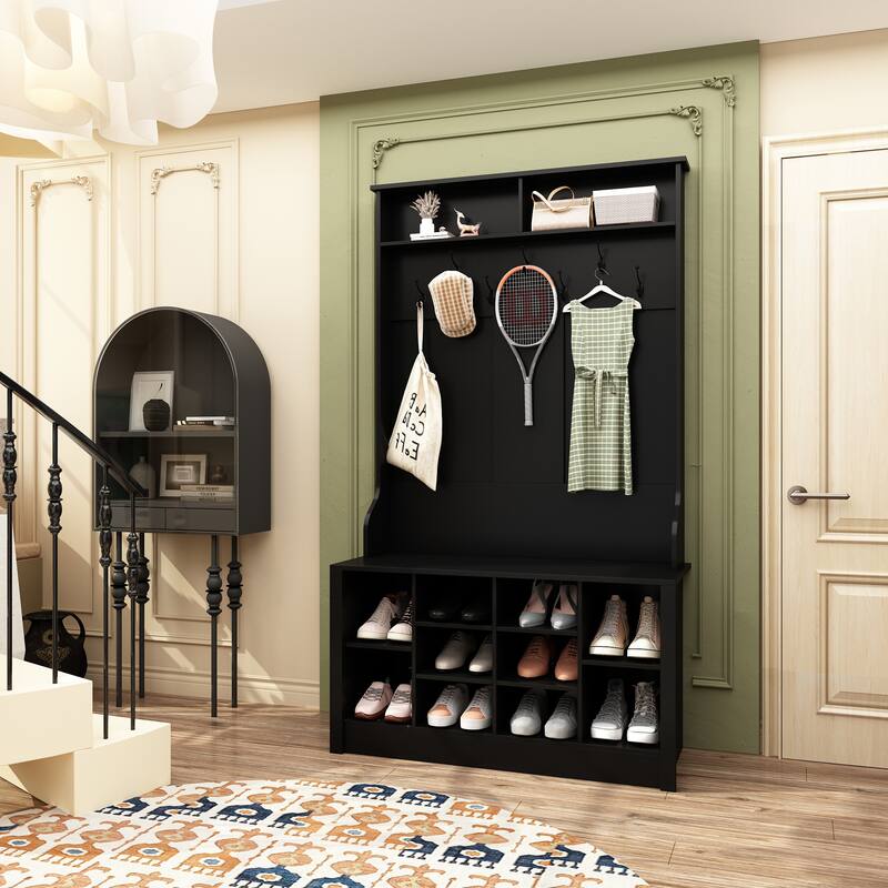 Coat Rack and Storage Bench Hall Tree with Shoe Rack for Entryway