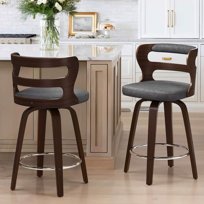 LUE BONA 26" Walnut and Faux Leather Swivel Counter Bar Stools With Backs - 26" H