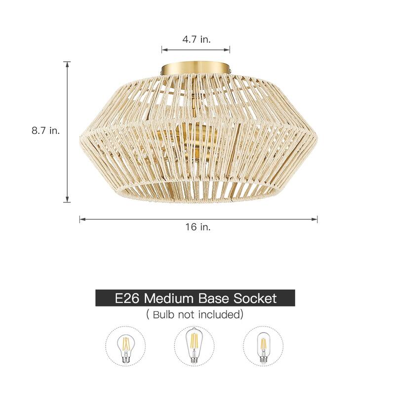 2-Light Bohemian Woven Rope Semi-Flush Mount Ceiling Light - D16"x H8.7" - Brass/Beige - 16 in. W