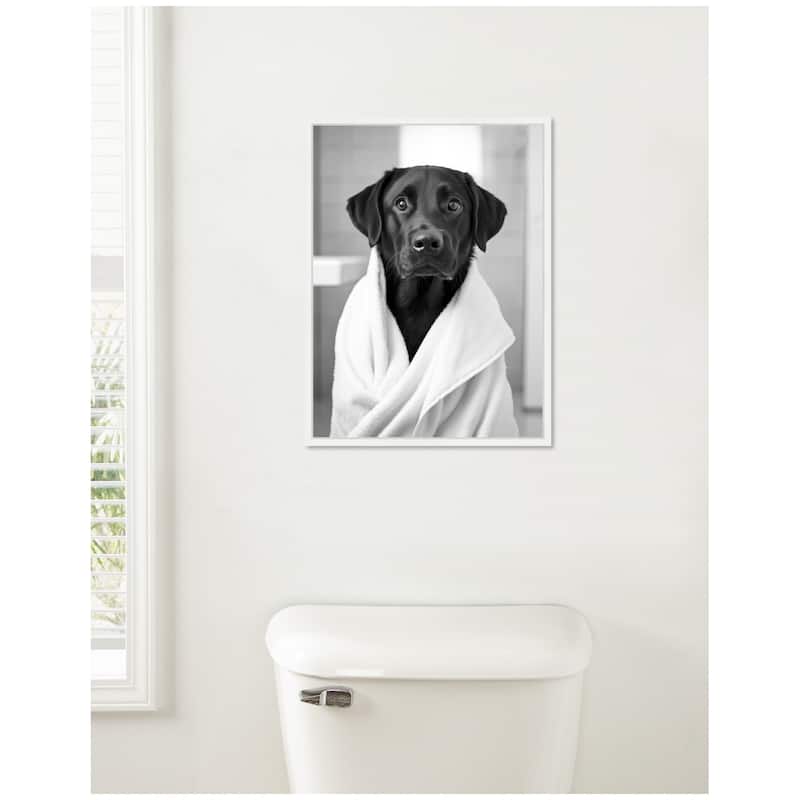 Kate and Laurel Sylvie Black Lab Bathroom Art Towel Robe Black and White Framed Canvas by The Creative Bunch Studio