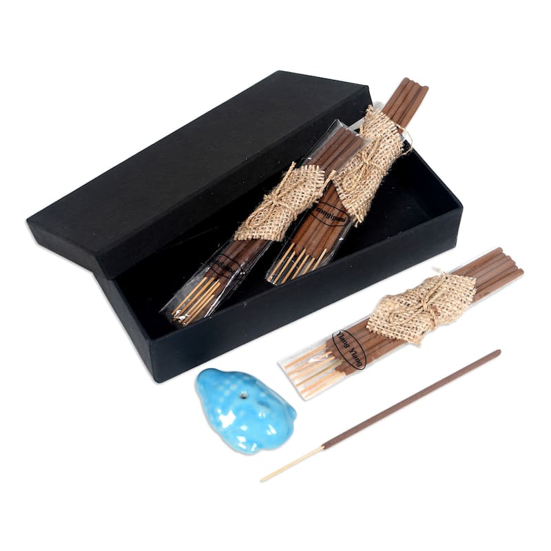 Novica Handmade Blue Vesak Celebration Ceramic Incense Set