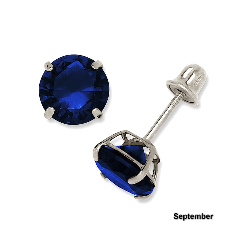 14K White Gold 6mm Round Cubic Zircornia Birthstone Basket-Set Solitaire Screw-back Stud Earrings (12 colors)