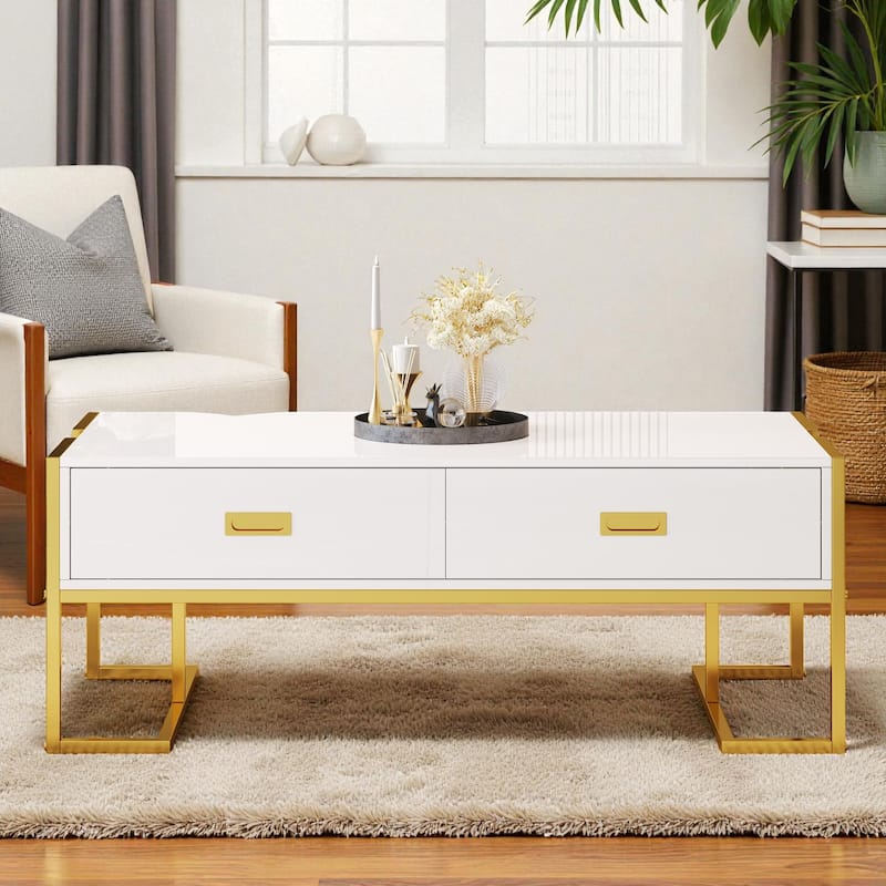 47.3'' Modern Rectangular Coffee Table with 4 Storage Drawers and Gold Metal Base for Living Room - White