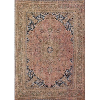 Distressed Mashad Persian Vintage Area Rug Hand-Knotted Wool Carpet - 9'7" x 12'7"