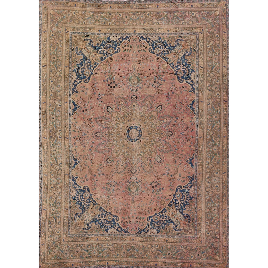 Distressed Mashad Persian Vintage Area Rug Hand-Knotted Wool Carpet - 9'7" x 12'7"