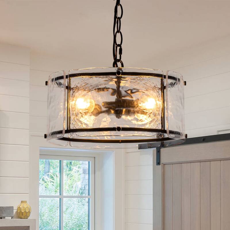 3 - Light Farmhouse Lantern Ripple Glass Drum Chandelier