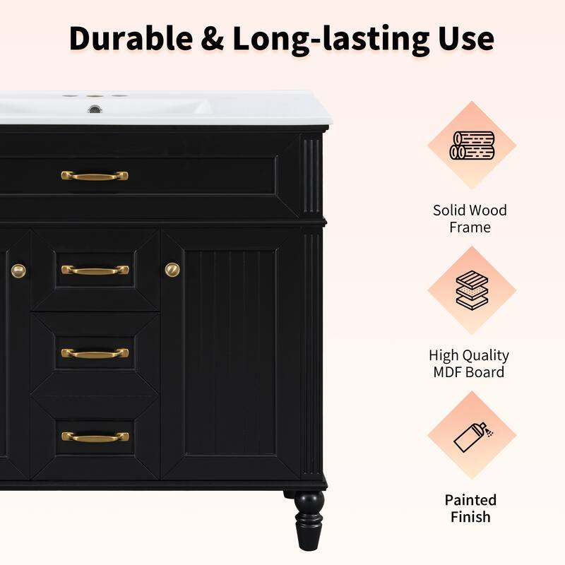 GDF Studio - Sunny Modern Solid Wood + MDF 36-Inch Bathroom Vanity with Ceramic Sink and Flip-Out Drawer