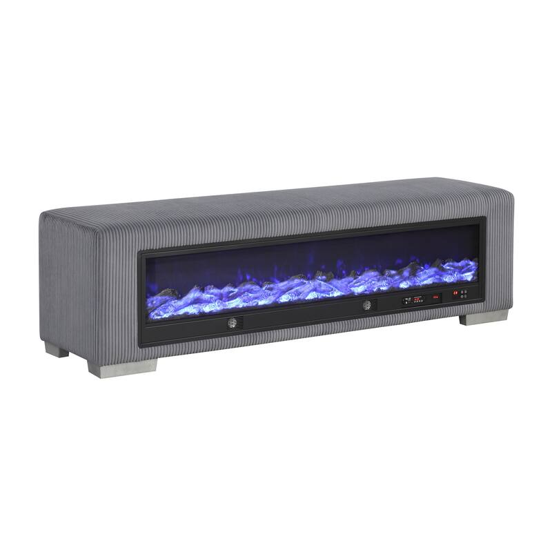 Furniture of America Goffney Chenille Bench with Fireplace Simulator and Bluetooth Audio