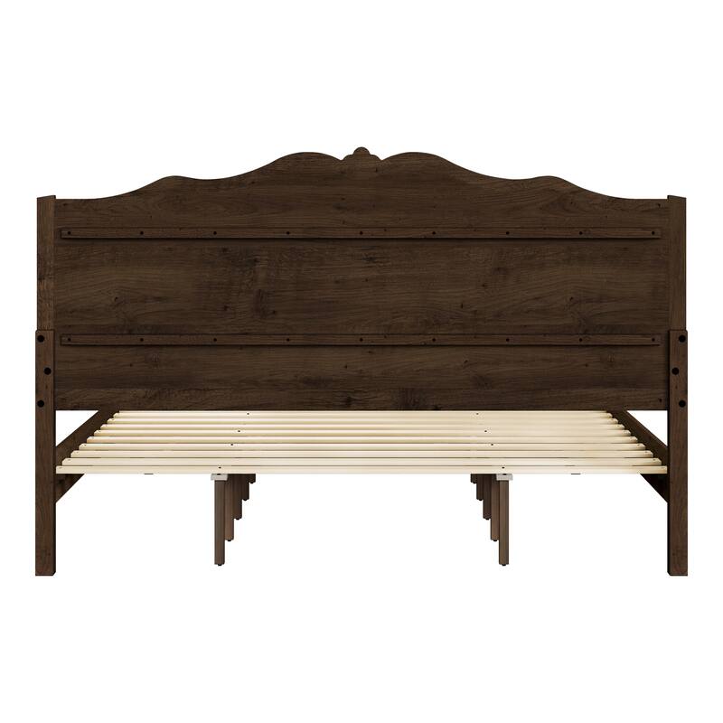 Traditional Solid Wood Bed Frame with Queen/King Size Platform Bed with Headboard for Bedroom