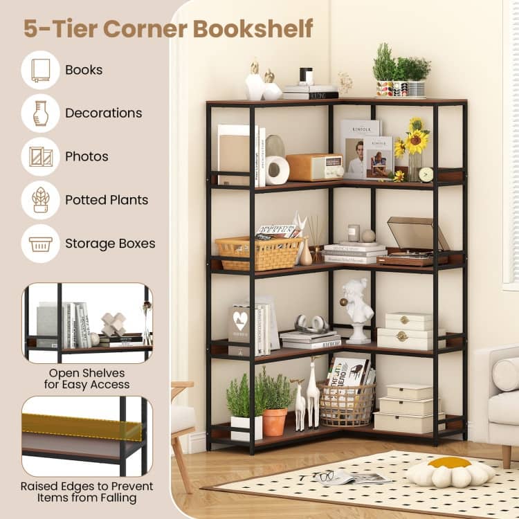Metal and Wood L-Shaped Bookshelf 5-Tier Corner Shelf with Anti-Tip Kits - 43.5" L x 35" W x 71" H