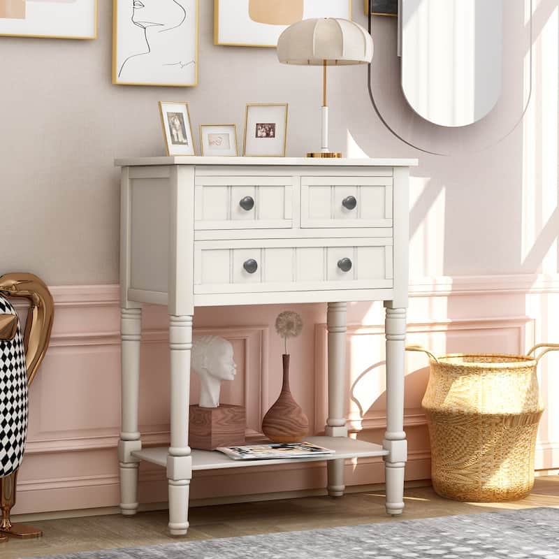 Narrow Console Table, Slim Sofa Table with 3 Storage Drawers and Bottom Shelf - Ivory