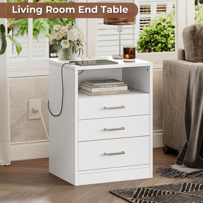 Nightstand 3 Drawers Open Storage Charging Station