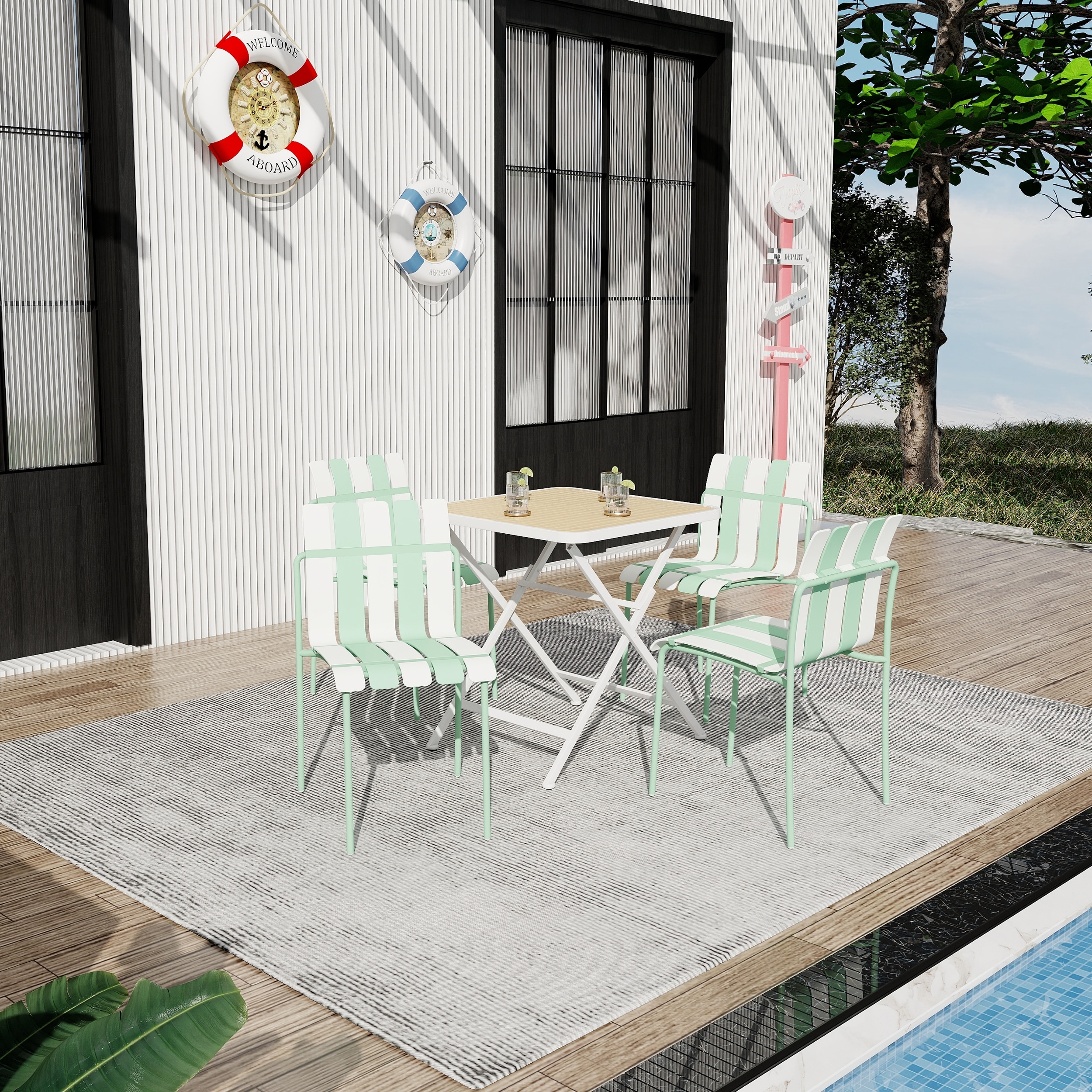 4-Pack Modern Striped Color Block Chairs Waterproof PP Seat & Sturdy Metal Legs with Modern folding indoor/outdoor Square Table