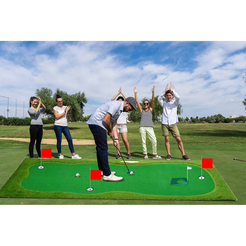 Indoor/Outdoor Putting Green Mat with Stainless Steel Challenge Cups & Slope Design for Practice
