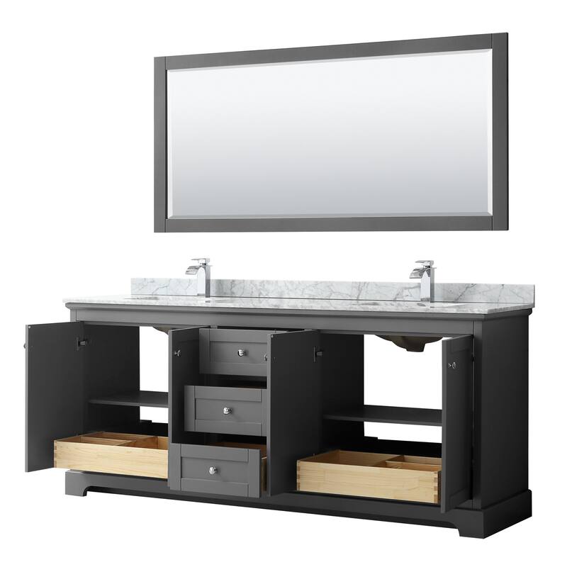 Avery 80-inch Double Vanity, Marble Top, Square Sinks, 70-inch Mirror