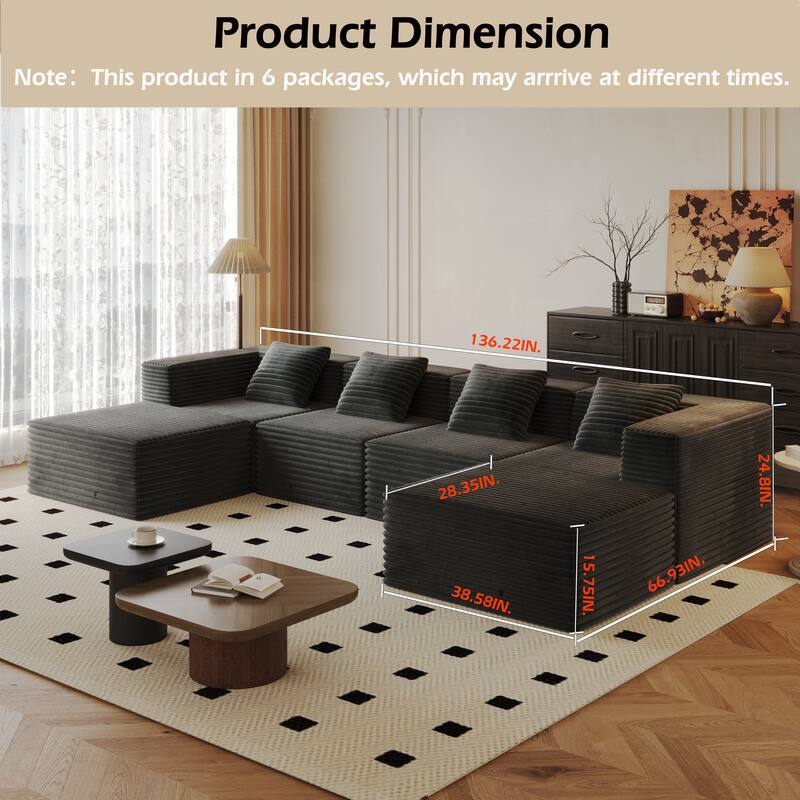 Modular Boneless Sectional Sofa, Deep Seat U-Shaped Corduroy Couch