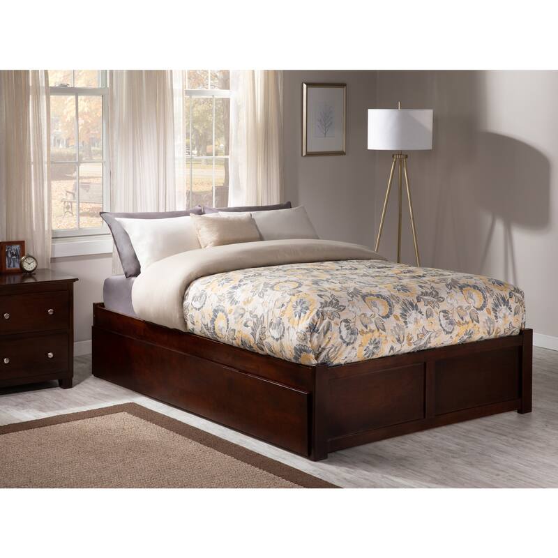 Full Platform Bed with Trundle - Twin Size, Walnut Finish - Modern & Simple Design