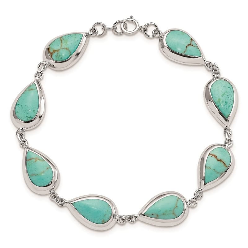 Curata 925 Sterling Silver Spring Ring Polished Teardrop Synthetic Simulated Turquoise Bracelet 7.75 Inch