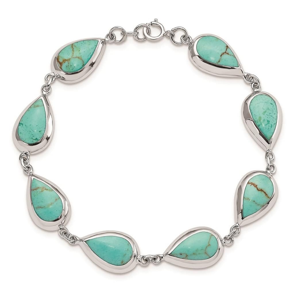 Curata 925 Sterling Silver Spring Ring Polished Teardrop Synthetic Simulated Turquoise Bracelet 7.75 Inch