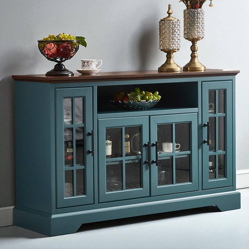 52" Buffet Table Sideboard with 4 Tempered Glass Doors, 5 Adjustable Shelves, and Cable Management