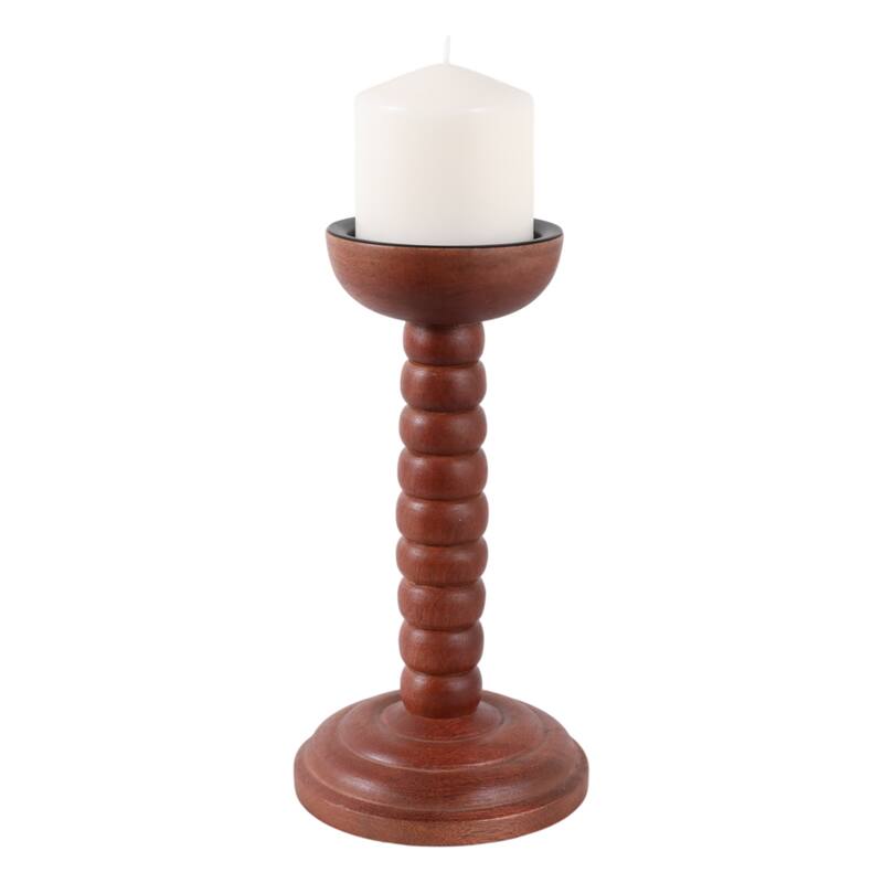 Wood Candle Holder Sculpted Round Base and Turned Detailing Accent