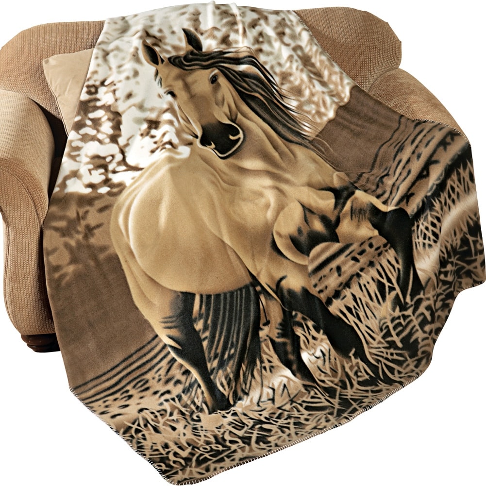Western Horse Fleece Throw Blanket Standard Brown