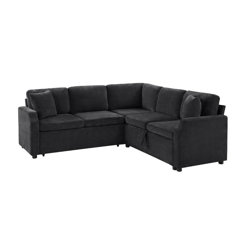 L-Shaped Sectional Sofa Bed, Chenille Upholstered Sleeper Sofa with Hidden Storage Compartment, 4 Seater Corner Sectional Sofa