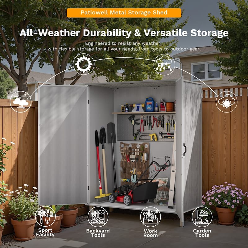 Patiowell 57.1"L x 30.3"W Plastic Vertical Storage Shed with Shelving Brackets for Patio Furniture, Pool Accessories