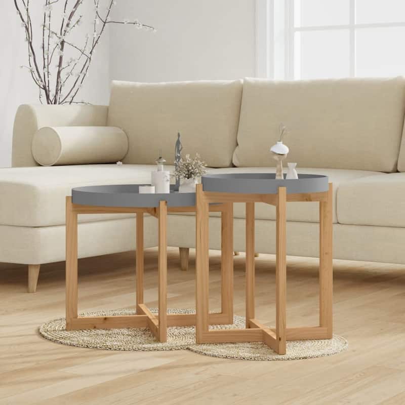 vidaXL Coffee Table 2 pcs Round End Table Accent Sofa Table Solid Wood Pine - 20.9" x 20.9" x 17.1" - Gray