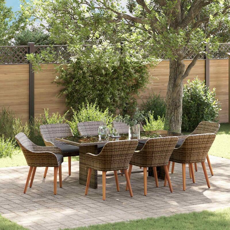 vidaXL Garden Dining Set with Cushion 9 pcs Grey Poly Rattan - 24.61 x 21.65 x 32.28 in - Grey-1