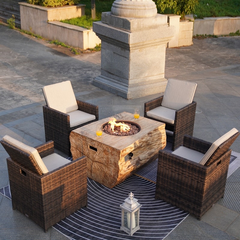 Outdoor wood coating Fire Pit Table with Four Chairs - Bed Bath