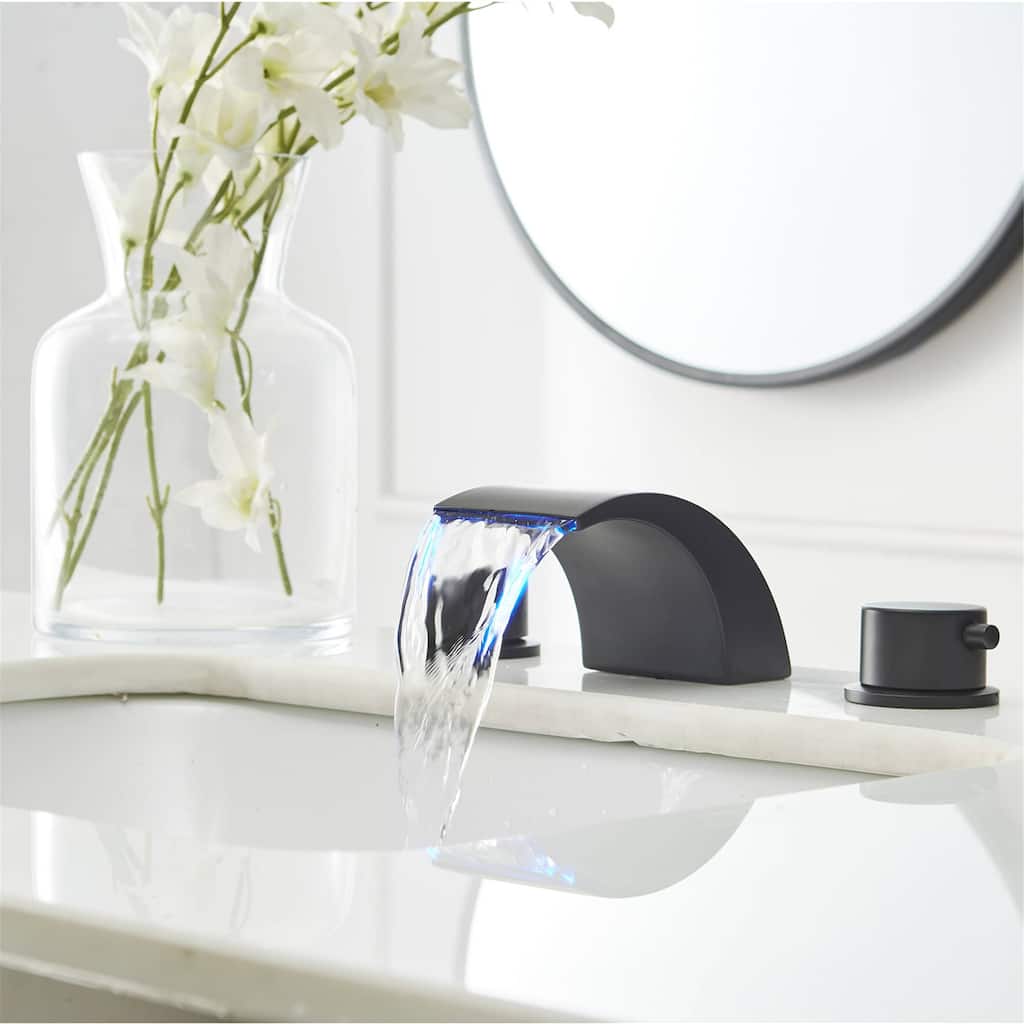 LED Widespread Bathroom Faucet With Drain Assembly 3 Holes Waterfall Bathroom Sink Faucets WIth Light 2 Handle Basin Vanity Tap