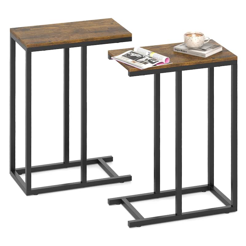Gymax C-shaped End Table Modern Sofa Side Table w/ Adjustable Foot - Rustic Brown, Black