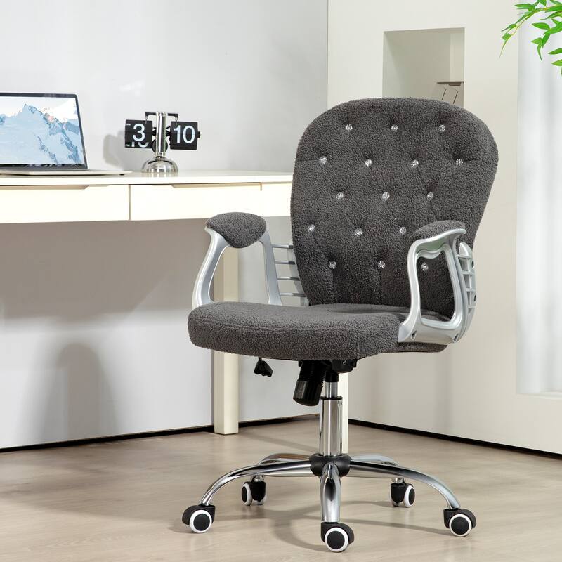 Teddy Fleece Home Office Chair, Button Tufted Desk Chair with Padded Armrests, Adjustable Height and Swivel Wheels, Dark Gray