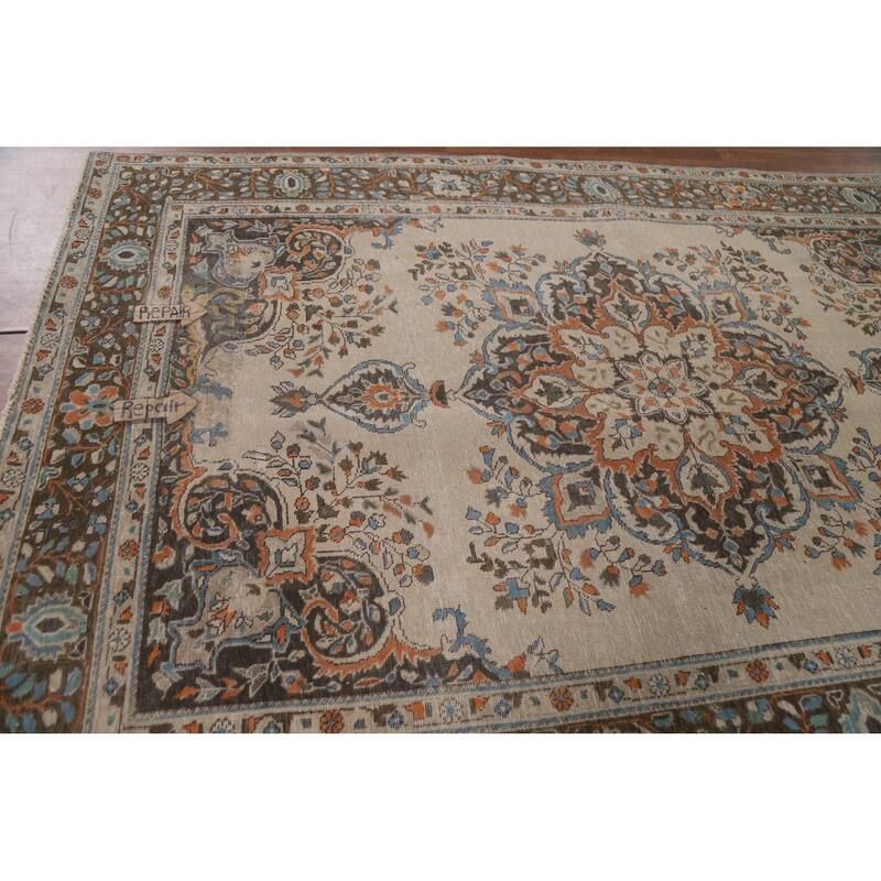 Hand Knotted Oriental 100% Wool Carpet Traditional Floral Beige & Ivories Tabriz Area Rug - 9' 8'' X 6' 5''