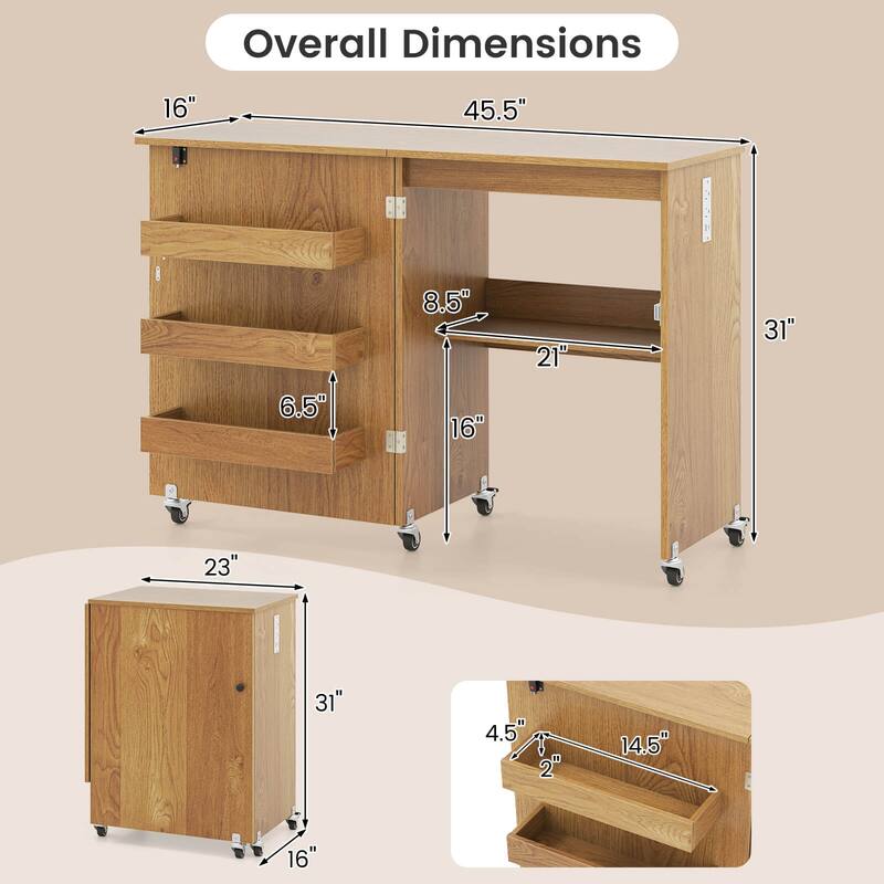 Costway Folding Sewing Machine Table Lockable Casters Rack with 3 - See Details