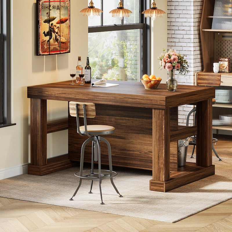 55-Inch Stationary Kitchen Island with Storage Shelves and Large Worktop, Farmhouse Style, Light Brown