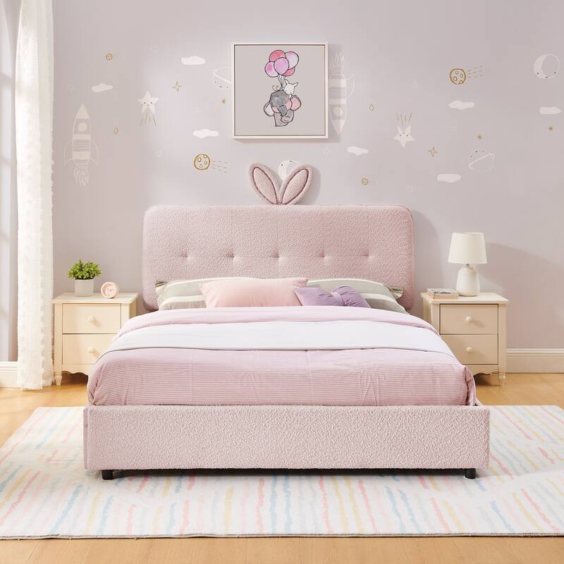 Kids Boucle Upholstered Bed with Rabbit Ear Headboard, LED Music Sync & 4 Drawers