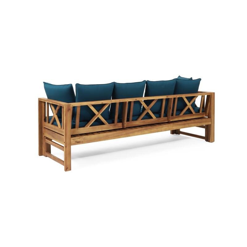 Outdoor 3-Seater Acacia Wood Sofa w/ Cushions, Extendable Patio Daybed