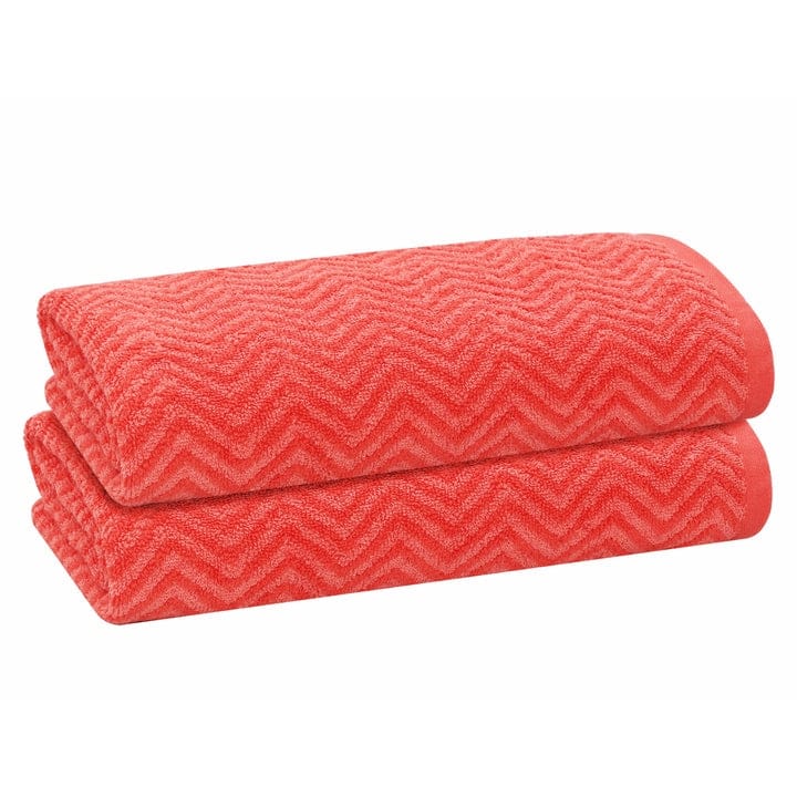 PREMIUS 2 Pack Chevron 100% Cotton Yarn Dyed Bath Sheet Towel, 32x64 Inches - Coral